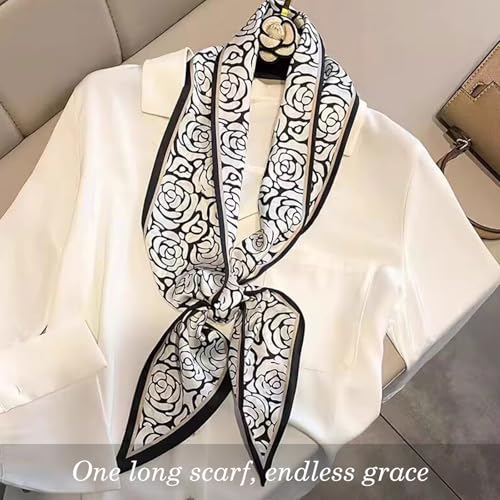 Sumolux Head Hair Scarf for Women Neck Purse Bag Handbags Scarf Like Silk - color: Black White Flowers