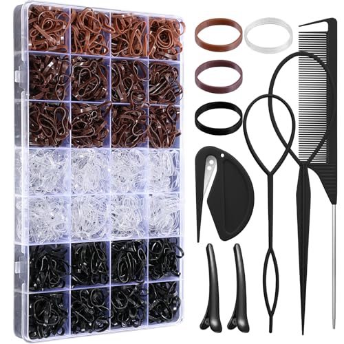 1500 Pcs Hair Bands in 4 Natural Colors - Rubber Hair Ties with Organizer Box and 6 Styling Tools for Women, Girls, Kids - color: Natural Colors
