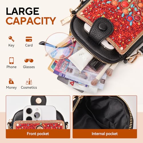Women's Small Crossbody Cell Phone Bag, Boho Colorful Beaded Purse Wallet with Handmade Cute Patterns - color: Tree-red