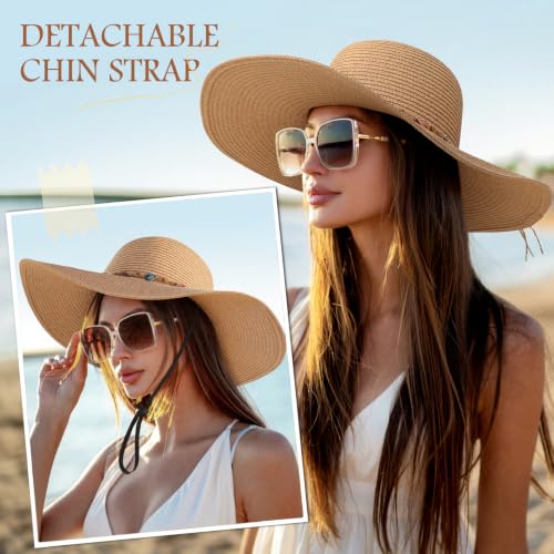 Sun Hats for Women, Straw Hats UPF 50+ Sun Protection, Wide Brim Womens Beach Hat for Summer Travel - color: Khaki - Shell
