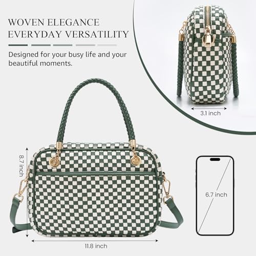 Chic Woven Crossbody Camera Bag, Soft Vegan Leather Purse with Designer Look & Braided Handle - color: Green and White Checkered