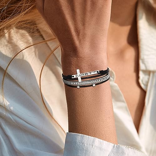 Fesciory Leopard Bracelet for Women, Boho Leather Wrap Multi-Layer Pearl Crystal Bracelet Bangle Jewelry - style: Blessed Cross(Black)