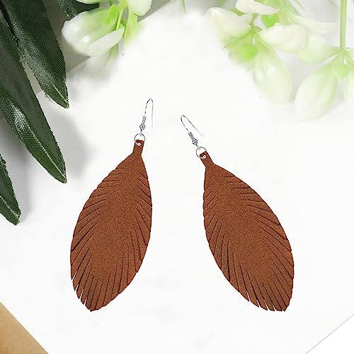 Large Genuine Soft leaf Leather Handmade Fringe Tassel Feather Lightweight Tear Drop Dangle Color Earrings for Women - color: Brown