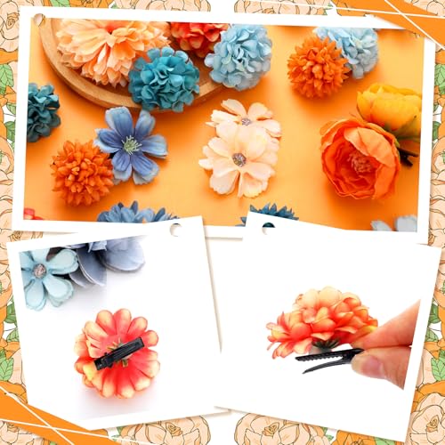 BBTO 21 Pcs Flower Hair Clip Rose Hair Clips Barrettes for Women Flower Accessories Boho Bride Claw Clip Hairpin Brooch Pin Headpiece for Wedding (Orange Blue Series) - color: Orange Blue Series