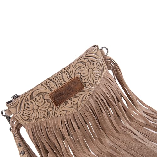 Wrangler Crossbody Small Purse for Women Wristlet Fringe Bag Western Purse - color: Angel Khaki