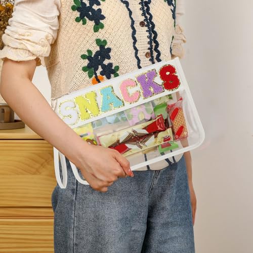 Clear Snack Bag for Travel, Chenille Letter Clear Zipper Snacks Pouch Nylon Cosmetic Bag Makeup Travel Bag for Women - color: White