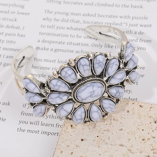 Vintage Ethnic Bohemia Turquoise Flower Colorful Stone Engraved Chunky Wrap Bangle Bracelet Retro Boho Cowgirl Western Statement Wide Open Cuff Punk Jewelry for Women - color: gray