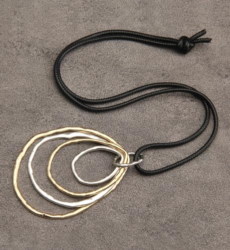 PU Leather Necklace Vintage Boho Style Multilayer Pendant Long Sweater Necklace Jewelry for Women Men with Adjustable Leather Cord - color: Gold Silver 4 Circles Necklace