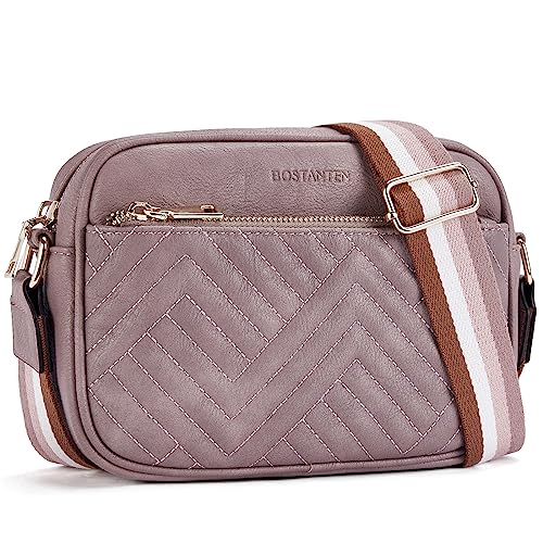 BOSTANTEN Quilted Crossbody Bags for Women Vegan Leather Purses Shoulder Handbags with Wide Strap - color: Purple