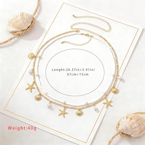 Gold Waist Chain for Women - 2Pcs Layered Body Chain Jewelry with Pearl Shell Beads, Adjustable Mermaid Belly Chain & Bohemian Waist Beads for Beach Summer Vacation Body Jewelry - style: white shell style
