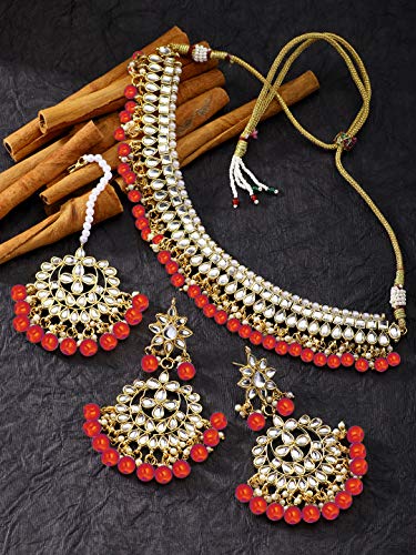 Aheli Faux Kundan Beaded Necklace Earrings Maang Tikka Indian Bollywood Ethnic Jewelry Set Gift for Women - color: Red & White