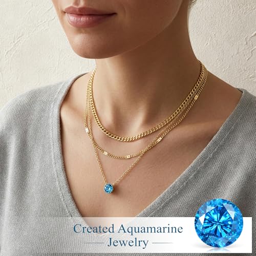 WomenGifts Layered Gold Necklaces for Women, 14K Gold Sterling Silver Plated Dainty Pendant Necklace Set Non Tarnish, Chunky Stackable Cuban Chain Choker, Trendy Birthstone Vacation Jewelry Gift - color: Gold, style: Cubic Zirconia-Created Aquamarine-Mar