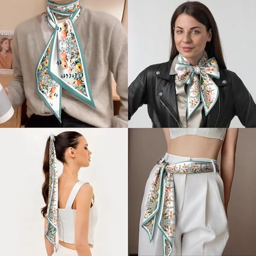 Head Hair Scarf Neck Silk Feeling Scarves Long Thin Satin Fashion Handbag Cute Decoration Women Girls 59 * 6.7'' - color: O-8-leaf Flower
