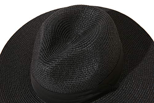 Lanzom Women Wide Brim Straw Panama Roll up Hat Fedora Beach Sun Hat UPF50+ - color: 02-fold Belt Black, size: One Size-Medium