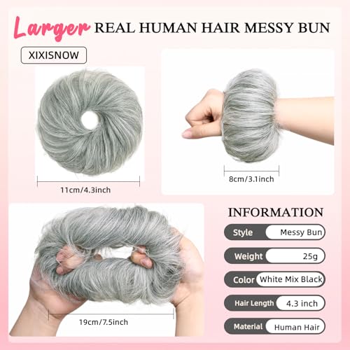 Human Hair Messy Bun Scrunchie Extensions for Women, Real Wavy Curly Ponytail Hair Piece, Lightweight Tousled Fake Buns Stretchy Fluffy Donut Updo, White Mix Black 25g - color: White Mix Black