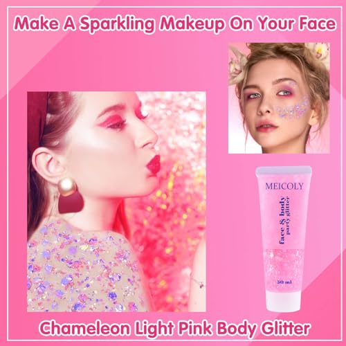 MEICOLY Chameleon Light Pink Body Glitter,Chunky Face Glitter for Halloween,Color Changing Mermaid Face Glitter Gel,Holographic Glitter Sequin for Face Body Hair,Festival Party Cheer Glitter Makeup - color: chameleon light pink body glitter