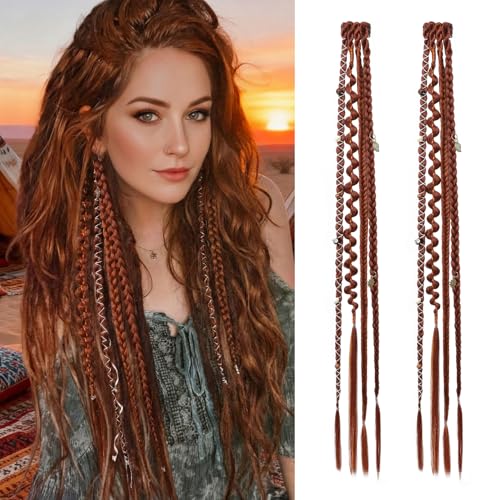 REECHO Clip in Braid Hair Extensions for Women, 20" Boho Dreadlock Clip in Braids with Beads & Charms, 2PCS Synthetic Braided Hairpieces for Cosplay Daily, Copper - color: Copper, size: 20 Inch