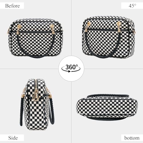Chic Woven Crossbody Camera Bag, Soft Vegan Leather Purse with Designer Look & Braided Handle - color: Black and White Checkered