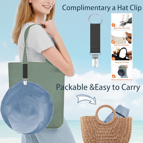 vidsel Womens Sun Hats Wide Brim Reversible Bucket Cotton Hat Packable Summer Travel Cap with Hat Clip,UV Protection - color: Medium-beige+blue, size: Medium