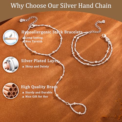 CHESKY Silver Hand Chain Bracelets for Women Set - Dainty Silver Plated Finger Ring Bracelet Stack Adjustable Hand Chains Durable Beaded Bracelets Trendy Simple Jewelry Gift for Women - style: beads bracelet-silver
