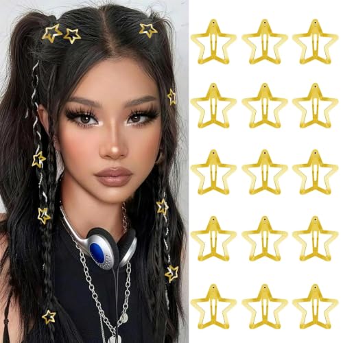 Star Hair Clips 2000s Y2K Snap Hair Barrettes Non Slip Star Hair Accessories Gold Metal Hair Clips for Girls Women -15 PCS 1.18" - color: 15 P -1.18"-gold