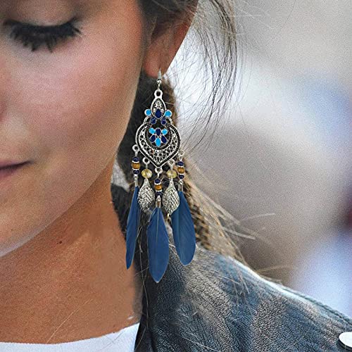 Bohemian Earrings Feather Tassel Silver Ethnic Retro Boho Dangle Earring Bead Women Jewelry for Birthday Party Gifts (Blue) - color: Blue