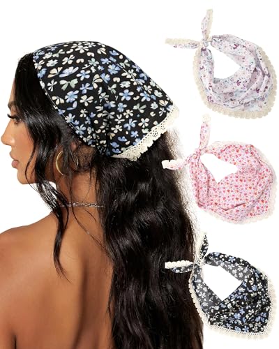 AWAYTR 3Pcs Hair Bandanas Head Kerchief for Women Girls Tie-Back Boho Hair Scarf Headband Bandana Triangle Head Scarf - color: Black / Pink / White
