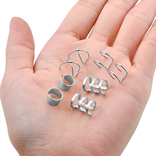 Tornito 4-10 Pairs Stainless Steel Ear Cuff Helix Cartilage Clip On Wrap Earrings Fake Nose Ring Non-Piercing Adjustable - color: A4: 4 Pairs, Silver Tone