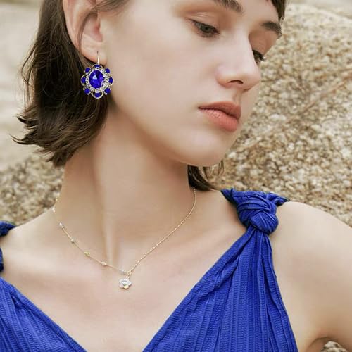 Handmade Bohemian Vintage Gold Sparkly Crystal Round Flower Leverback Earrings Cute Rhinestone Geometry Dangle Drop Earring for Women - color: Royal Blue