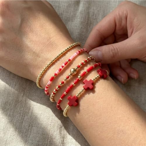 Gold Beaded Cross Bracelet for Women, 14K Plated Adjustable Stackable Dainty Bracelets, Non Tarnish Fashion Jewelry Set Gifts for Women Birthday Friendship - color: Colors-11