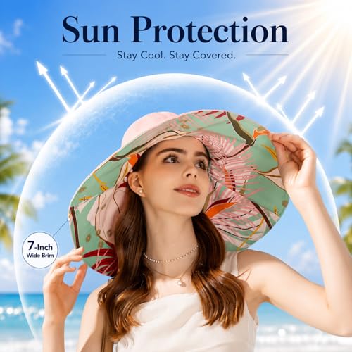 HUAMULAN Women Summer Sun Hat Wide Brim Wired Edge Floral Beach Bucket Hats Reversible Foldable Travel UV Protection Lady Hat - color: Bg8240-pink