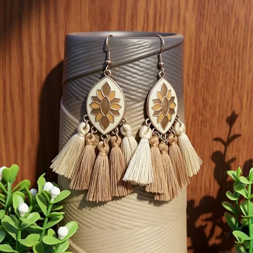 Wooden Leather Necklaces Set Bohemian Wood Stack Discs Long Chain Hemp Rope Bronze Plated Pendant Ethnic Tribal Fall Leaf Earrings Jewelry Statement Necklace - color: R-049
