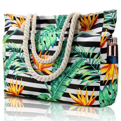 Clothirily Beach Bag for Women - Large Beach Tote Bag, Waterproof Sandproof Beach Bag with Zipper, Large Swim Pool Beach Tote - color: Leaf Stripe