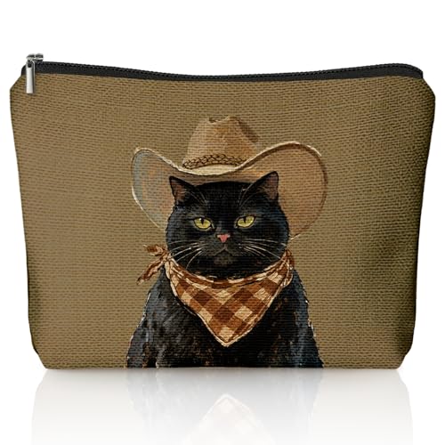 Funny Black Cat Makeup Bag, Cat Mom Lady Lovers Gifts for Women Cosmetic Bag, Pet Lover Gifts, Funny Western Cowboy Black Kitten Small Toiletry Bags Zipper Makeup Pouch - color: 02-Cat(10)