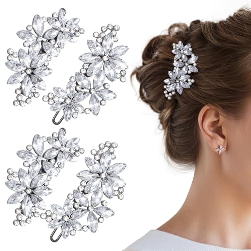 Crystal Flower Hair Clips,4Pcs Rhinestone Hair Clips Elegant Accessories for Women Bride Wedding Party Festivals