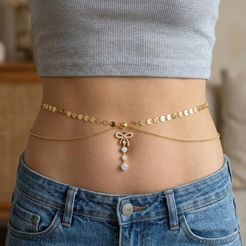 Pink Heart Belly Button Ring with Waist Chain for Women, Gold Triple Cubic Zirconia Dangle Navel Piercing, Adjustable Body Jewelry for Summer Beach Bikini - color: Chain-Style C