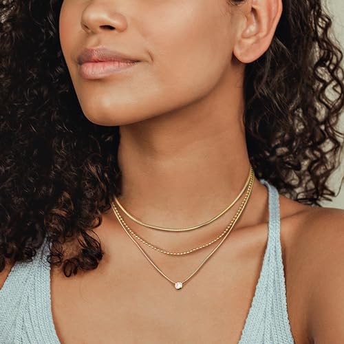 ORAZIO Gold Necklaces for Women,Layered Gold Necklace,14K Gold Plated Pendant Necklaces,Simple Choker Necklaces Set, Dainty Gold Chain Necklaces,Trendy Gold Stacked Jewelry Gifts for Women - color: 3Pcs/Herringbone & Bead & CZ