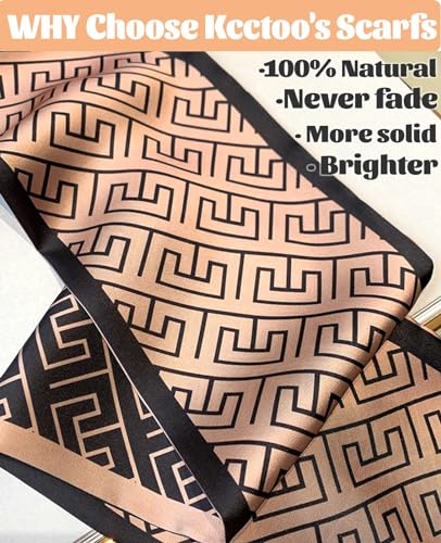 kcctoo 59" Mulberry Silk Like Head Scarf Women's Fashion Square Neck Satin Scarfs for Bag Hair Scarves Gift 59 * 5.9” - color: I18 Brown Squares 59" X 5.9"
