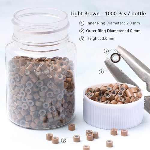 NIACONN 1000Pcs 4mm Light Brown Hair Tinsel Beads, Microlink Rings I Tip Hair Extension Beads with Silicone Lined - color: Light Brown, size: 4mm