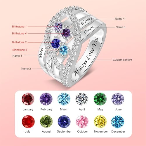 Personalized Name Family Rings Custom 1-6 Birthstones Mother's Rings Sterling Silver Promise Ring for Mother's Day Daughter Grandma Women - color: 4 stones