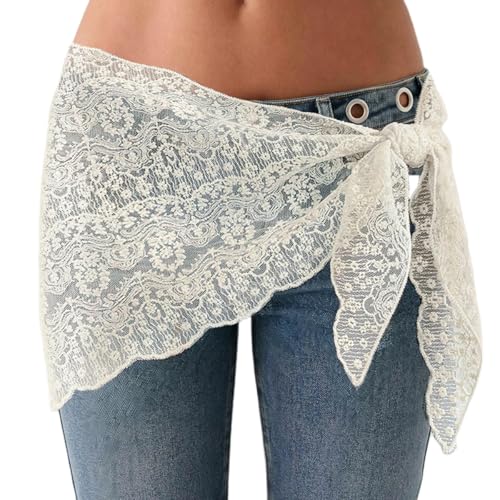 Women Y2K Lace Fringe Hip Scarf Boho Triangle Tassel Waist Cover Up Skirt Wrap Sheer Tie Belt Aesthetic Streetwear - color: I White