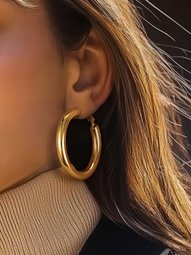 Stainless Steel Chunky Hoop Earrings For Women, Minimalist and Chic, Black/Gold Plated, Round Hoops Earrings Hypoallergenic, Size: 30mm/40mm/60mm/80mm, Come with Box - color: 1. Gold, size: 40MM