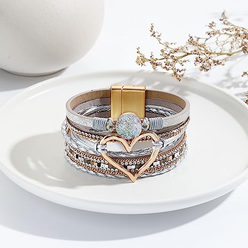 Womens Multi Layer Heart Leather Wrap Bracelet Boho Stackable Cuff Bangle Magnetic Clasp Crystal Birthday Valentine Gift - color: White-gold