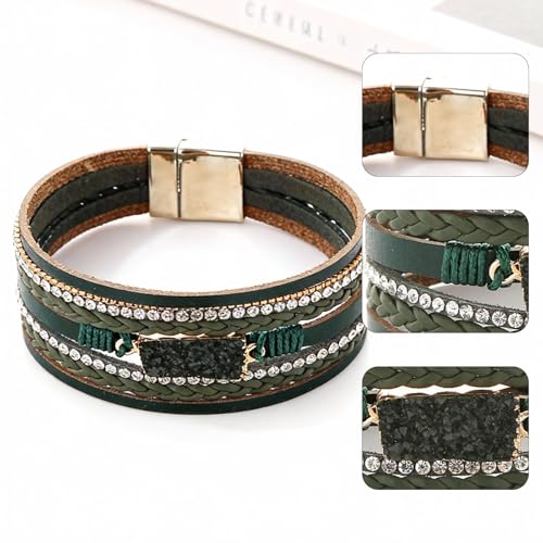 Long tiantian Leather Wrap Bracelets Boho Bracelets for Women Rhinestone Leather Bangles Boho Western Outfit Accessories Jewelry Gifts - color: green