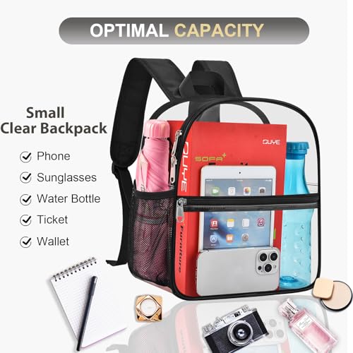 Oraben Clear Backpack Stadium Approved, Clear Bag 12 x 6 x 11 in, Small Transparent Backpack for Concerts, Sports Events, Festivals, Waterproof, Adjustable Straps, Women Men - color: Black, style: Enhanced Strap
