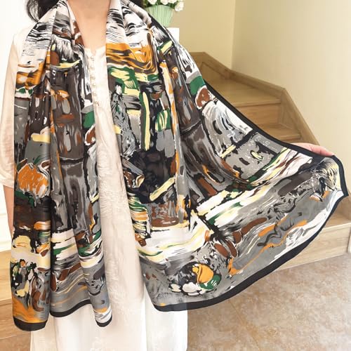 Long Silk Like Scarf Lightweight Satin Scarves Large Sunscreen Shawl Wrap for Women - color: 019.abstract Black