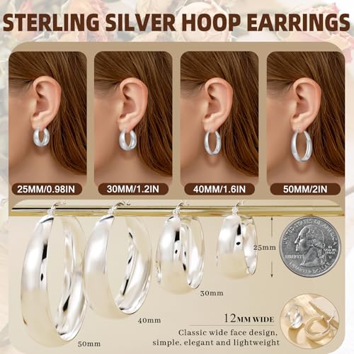 Senteria 12mm Wide Thick Hoop Earrings 925 Sterling Silver Hoop Earrings for Women Hypoallergenic 14K Real Gold Plated Hoops Large Earring Lightweight Chunky Hoops Earring for Women 25/30/40/50MM - color: Silver-40mm