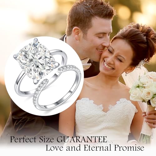 AVECON 3CT/5CT Elongated Cushion Cut Engagement Ring Set for Women, Wedding Promise Cubic Zirconia Band, 14K Gold/White Gold Plated Stackable Adjustable Bridal Half Eternity Open Rings, Size 5-9 - color: Silver-3CT