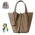 Genuine Leather Bucket Bag for Women: Lock Design Shoulder Handbag Versatile Top-Handle Tote Fashionable Vegetable Basket - color: Khaki