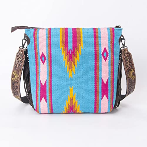 Merbaa Women Handtooled woolen saddle blanket hand woven Crossbody Bag - color: Blue 2